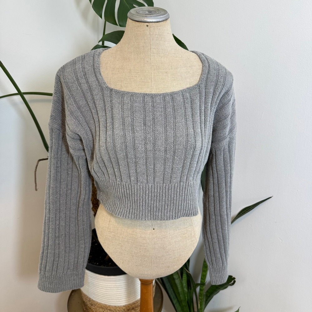 Urban Outfitters Ribbed Cropped Sweater Square Neck Large Gray Excellent Womens